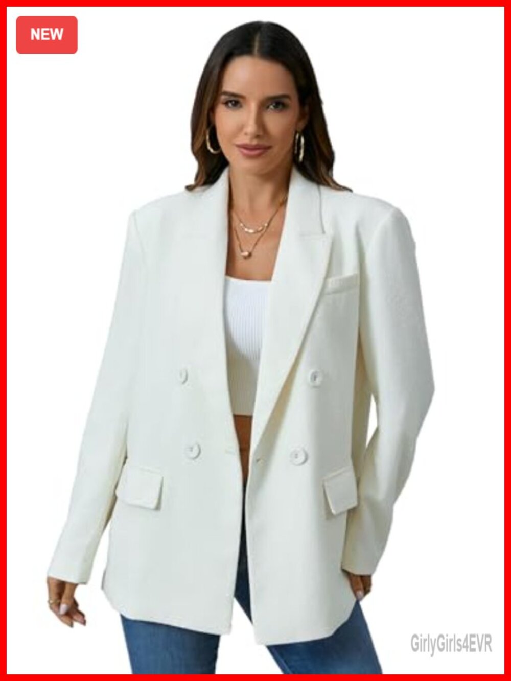 Oversized Double-Breasted Blazer Top Stitch Long Sleeve Work Office
